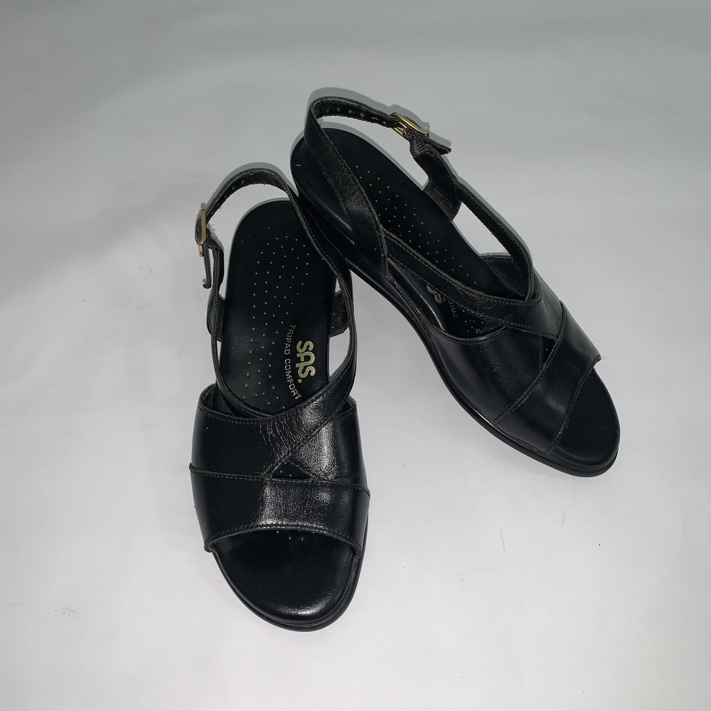 SAS Caress Cross Strap Sandals Womens 5.5 Black Leather Slingback Wedge Shoes